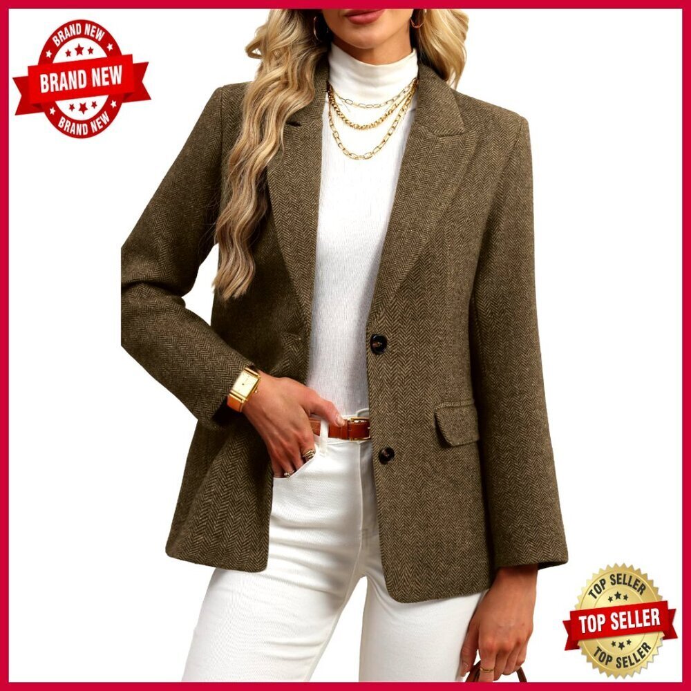 Wool Blend Tweed Blazer Herringbone Business Casual Oversized Jacket